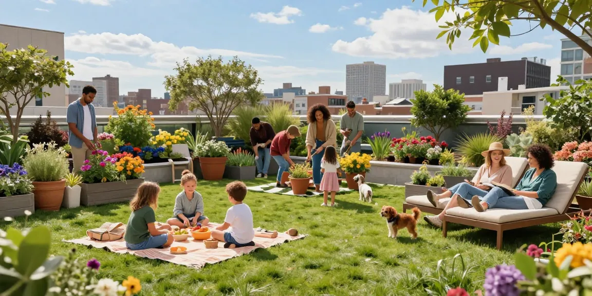 Ein Dachgarten (dachgarten) voller vielfältiger Pflanzen, Familien, die ein Picknick genießen, und Menschen, die Blumen in einer lebhaften Stadtumgebung pflegen.