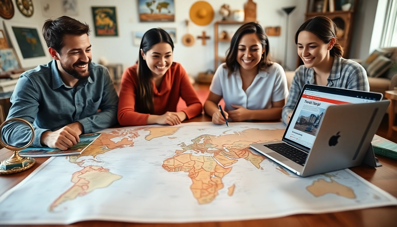 Reiseinformationen über die Reiseplanung einer Familie mit Landkarte, Reiseführern und Laptop