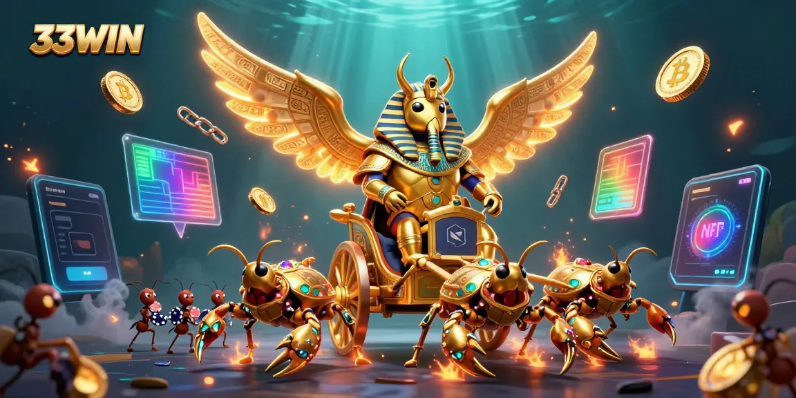 Engage in the thrilling world of 33WIN with an epic scene of a golden scarab beetle and dazzling crypto elements.