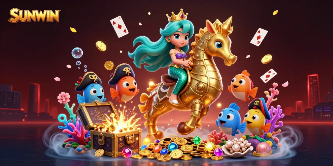 SUNWIN features a vibrant underwater scene with a mermaid princess, seahorse, and cartoon fish around treasure and playing cards.