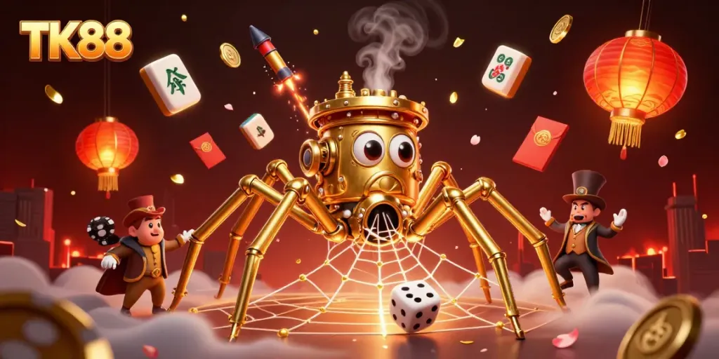 Experience thrilling casino fun with TK88, featuring a steampunk spider in a vibrant gaming scene.