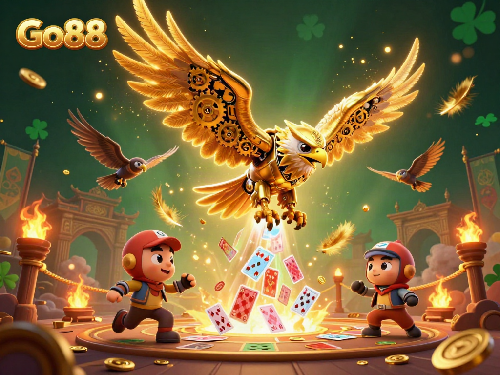 Experience the action of Go88 with a cybernetic eagle amidst holographic cards in a vibrant casino!