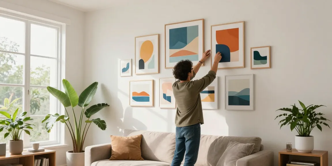 Moderne Wandbilder in einem stilvollen Wohnzimmer, die kreatives Dekorieren zeigen.