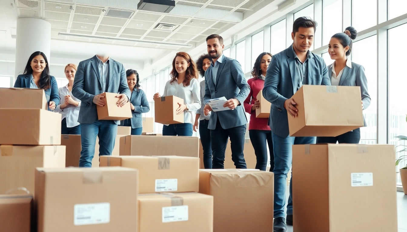 Büroumzug Berlin mit einem Team, das effizient beim Packen und Bewegen von Büromaterialien hilft.