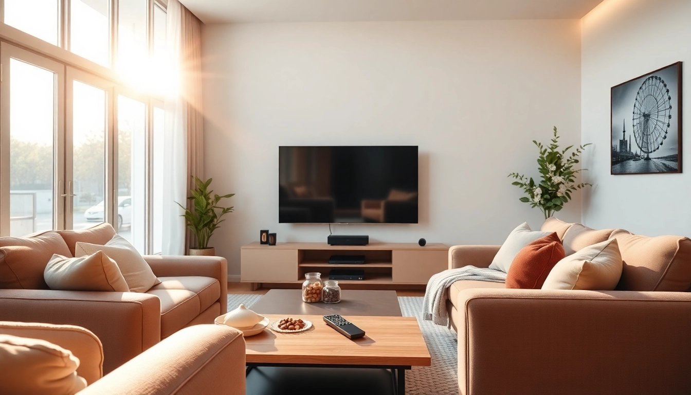 IPTV Kaufen: Modernes Streaming-Setup in einem gemütlichen Wohnzimmer mit warmem Licht.