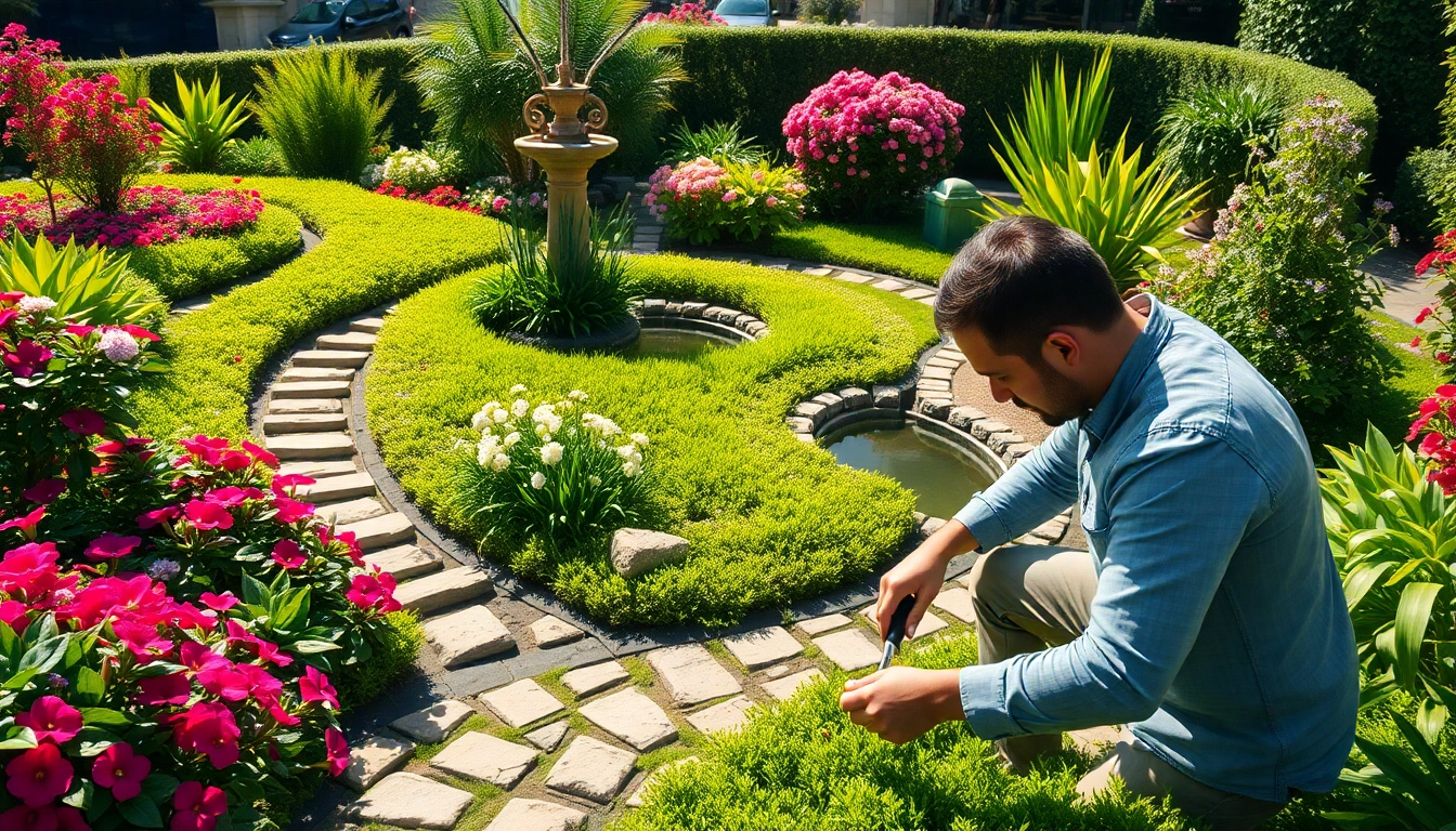 Gartenlandschaftsbau mit professionellem Landschaftsgärtner in buntem Garten und blühenden Pflanzen.