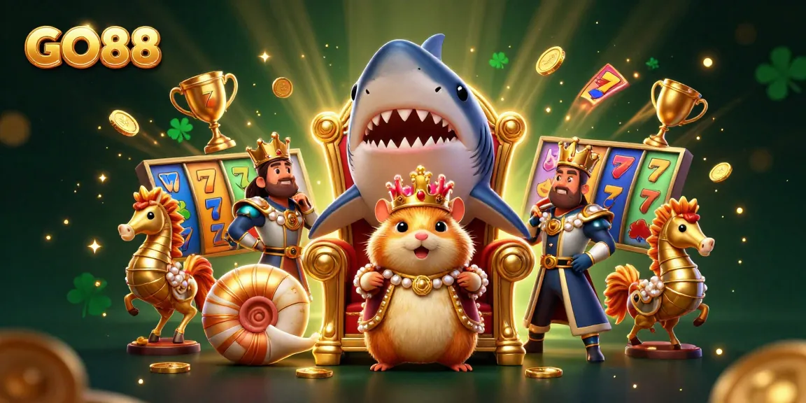 Engage with the thrilling world of GO88 casino games featuring a fierce hamster king among slot reels and gold coins.