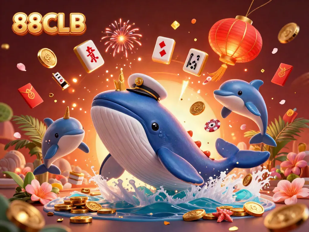 Experience thrilling wins with 88CLB as playful dolphins, a golden narwhal, and a magnificent whale celebrate in vibrant casino-themed illustration.