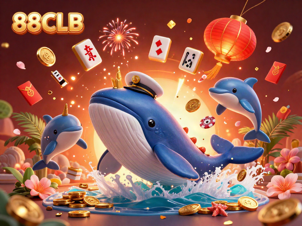 Experience thrilling wins with 88CLB as playful dolphins, a golden narwhal, and a magnificent whale celebrate in vibrant casino-themed illustration.