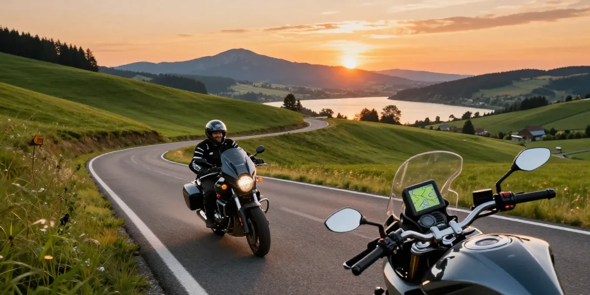 Fahrer plant kurvenreiche Motorradtouren mit GPS in der malerischen deutschen Landschaft, kurvenreiche Straße und Sonnenuntergang.