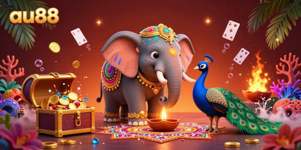 Experience the vibrant world of au88 with a 3D illustration of gaming fun, featuring a colorful elephant and treasure.