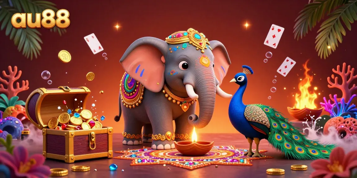 Experience the vibrant world of au88 with a 3D illustration of gaming fun, featuring a colorful elephant and treasure.