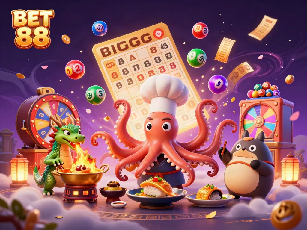Join the excitement of BET 88 with vibrant lottery balls and dynamic casino elements all around.