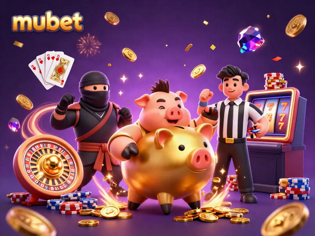 Experience the excitement at mubet with dynamic 3D illustrations of casino characters celebrating amidst cascading coins and vibrant energy.