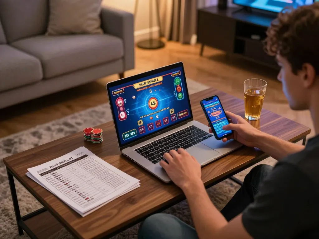 Engaging with nhà cái mb66 online games in a cozy living room while focusing on betting strategies.
