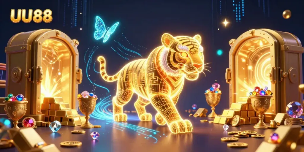 Experience vibrant gaming excitement with a neon golden tiger and holographic butterflies at UU 88's digital casino.