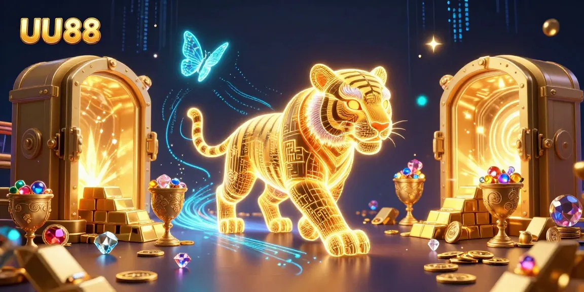 Experience vibrant gaming excitement with a neon golden tiger and holographic butterflies at UU 88's digital casino.