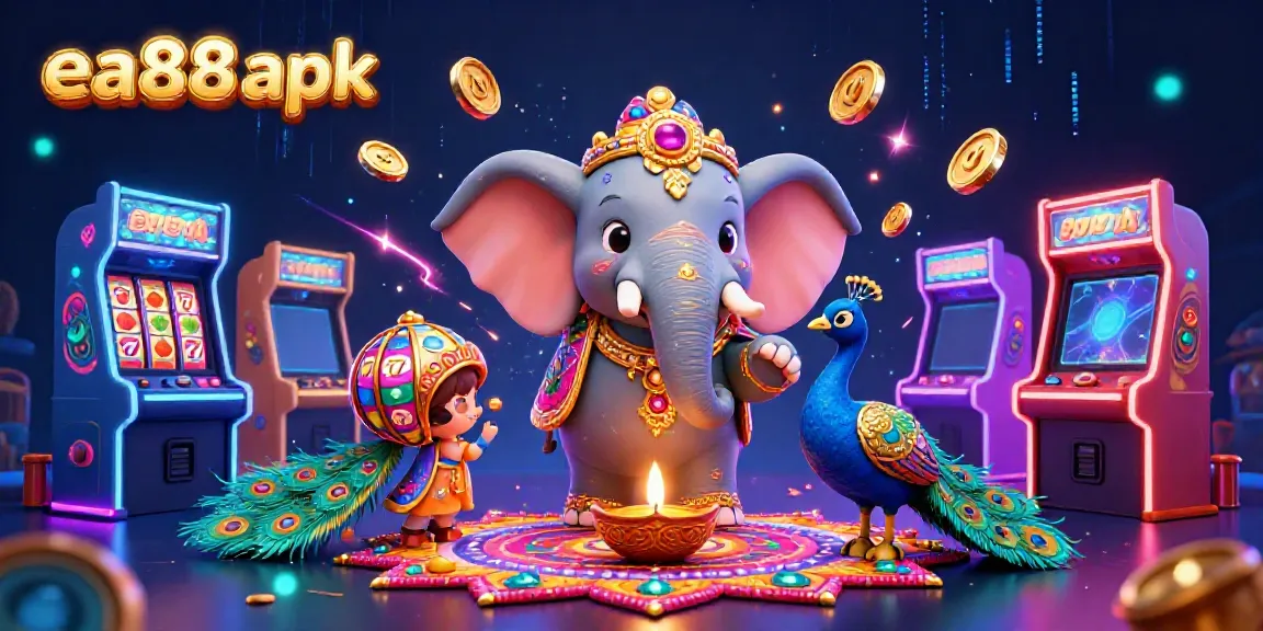 Experience the vibrant fantasy of the ea88 apk with a colorful casino scene showcasing a cartoon elephant and peacock among slot machines.
