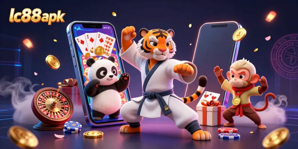 Uncover the excitement with lc88 apk and 3D characters in a vibrant casino-themed scene.