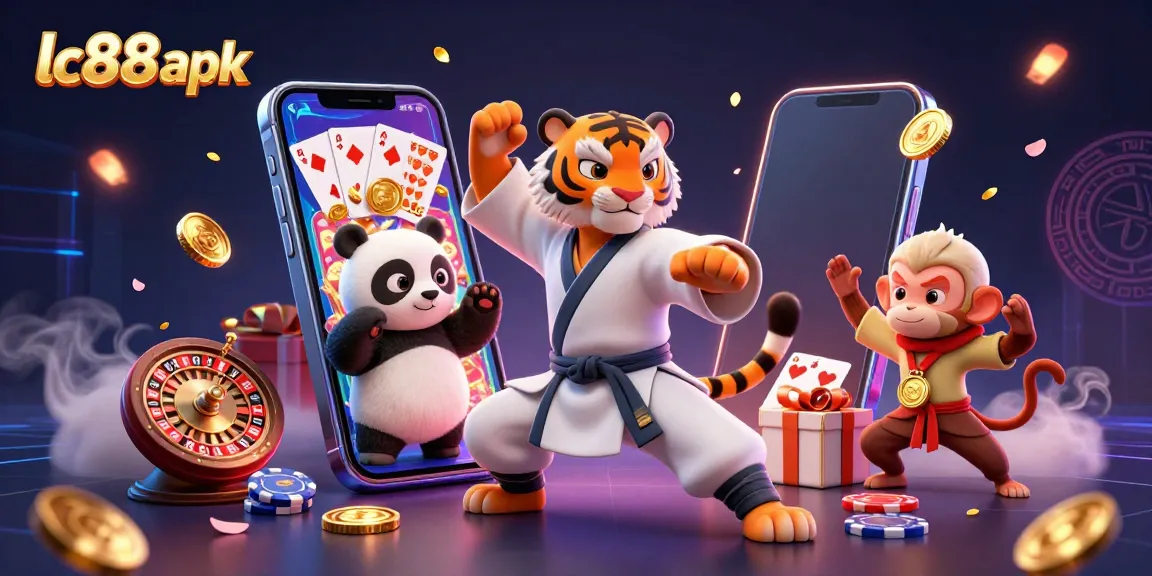 Uncover the excitement with lc88 apk and 3D characters in a vibrant casino-themed scene.