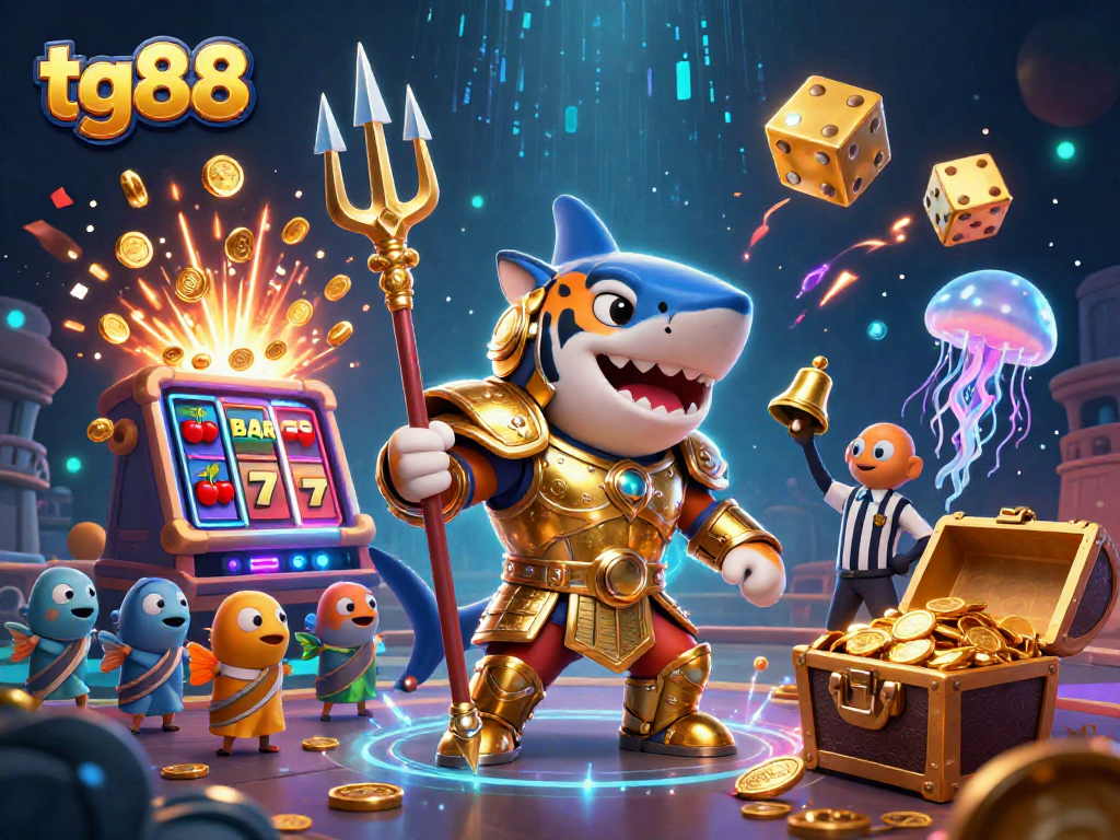 Experience tg88's thrilling underwater gaming with a tiger shark gladiator amidst vibrant casino elements.