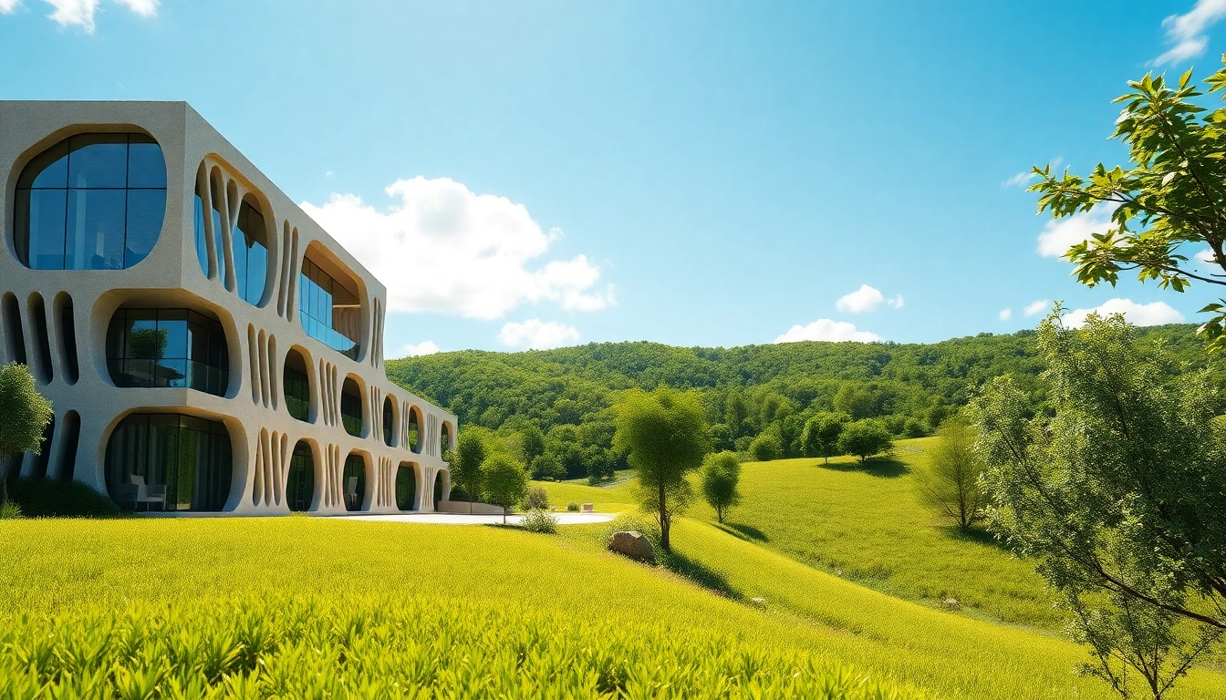 Die Visualisierung architektur eines modernen Gebäudes, harmonisch in die Natur integriert.