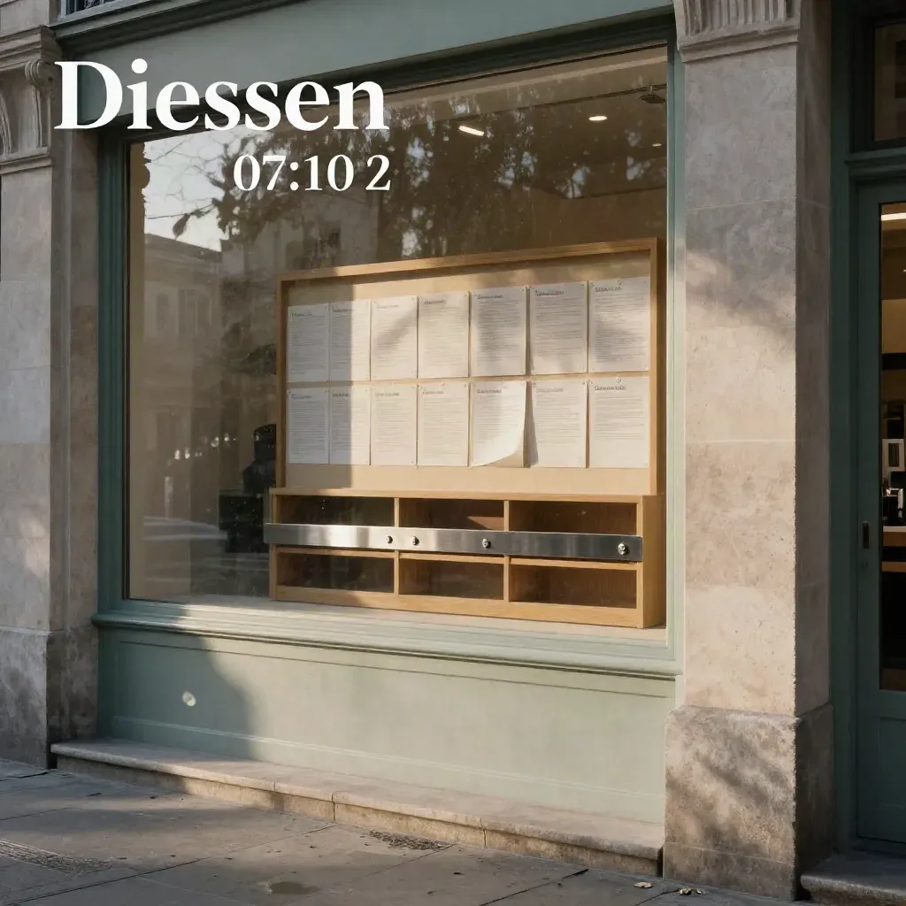Foyer am Marktplatz mit Aushangwand, Holzfachregal und heller Glasfront im Morgennebel.