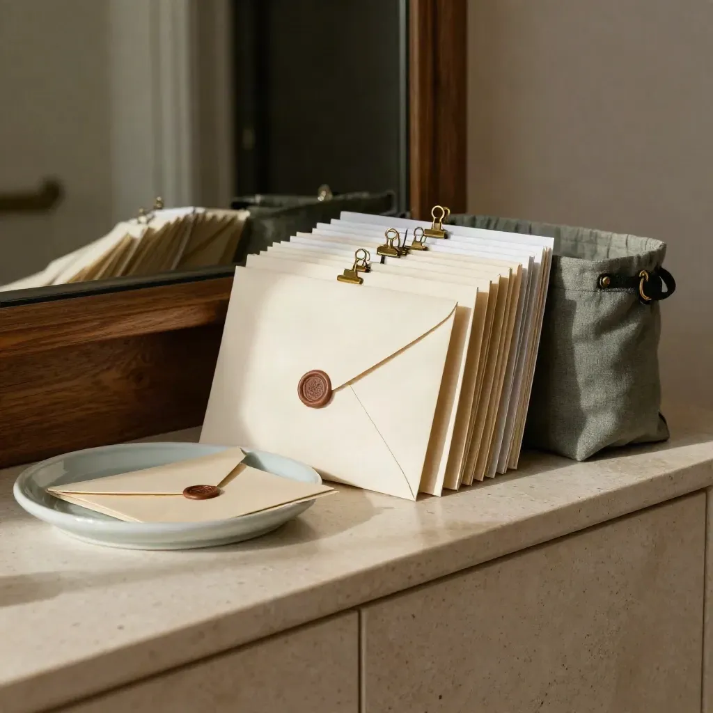 Briefkasten-ähnliche Umschläge, Fotokarten und Keramikschale auf Sideboard im Foyer