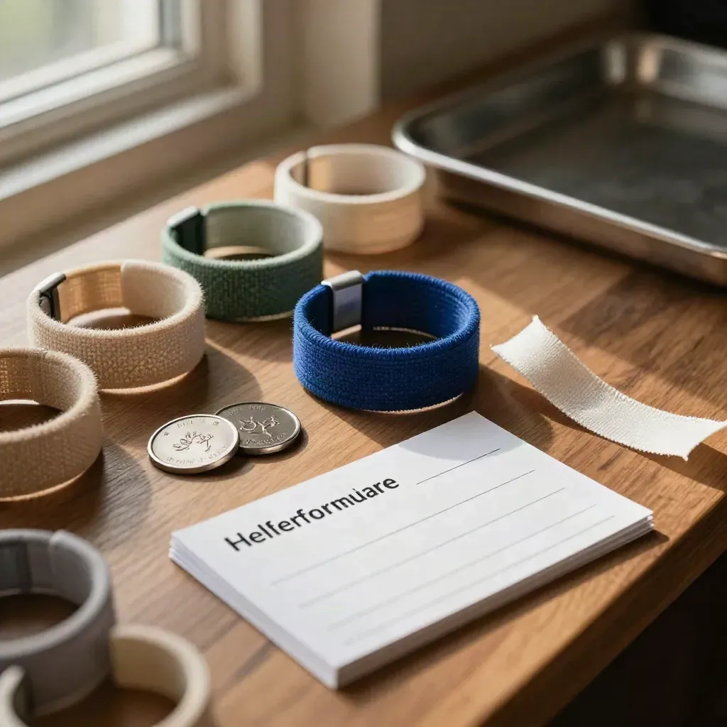 Helferbänder, Tokens und Rückmeldekarten liegen bereit für den Anmeldeabend.