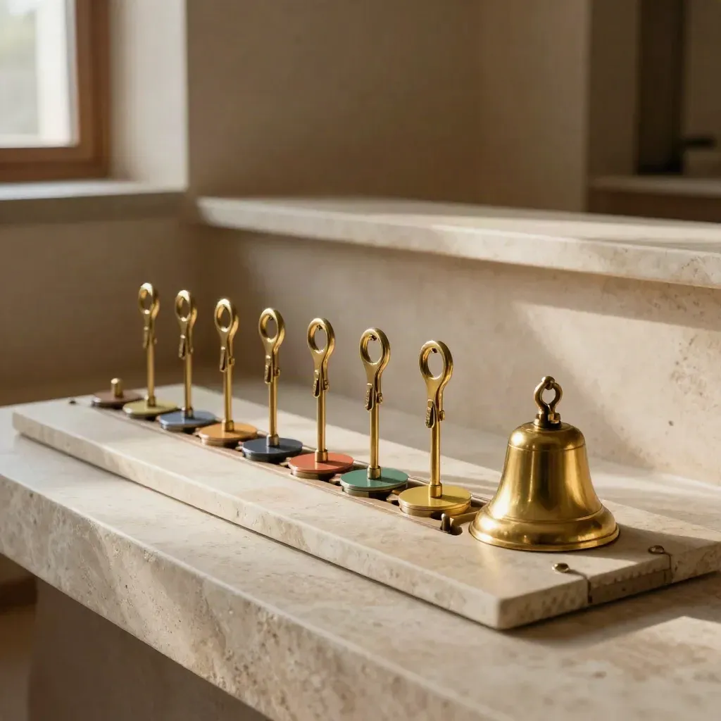 Magnetisches Koordinationsschema mit Messingklingel und farbigen Markern auf Stein.