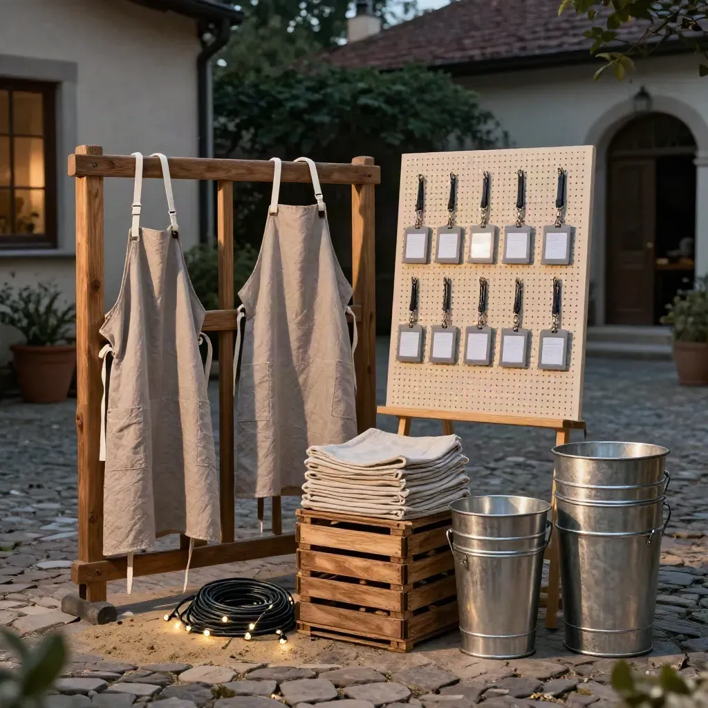 Vorbereitetes Sommerfest im Hof mit Lichterketten, Schürzen, Badgewand und Kisten-Tischen bei Abendlicht