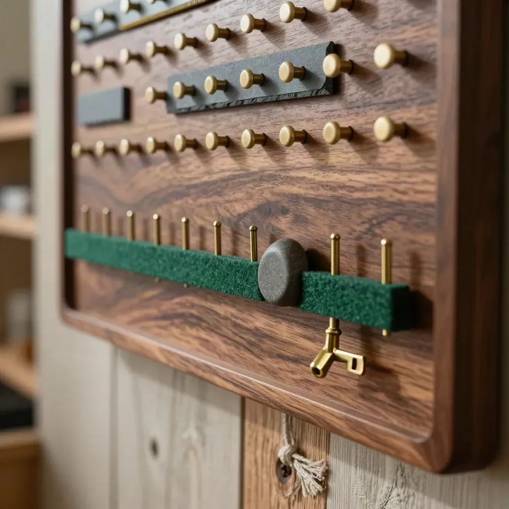 Modulare Zeitachsen-Tafel mit Messingstiften und Gewichtsstein im dunklen Studio