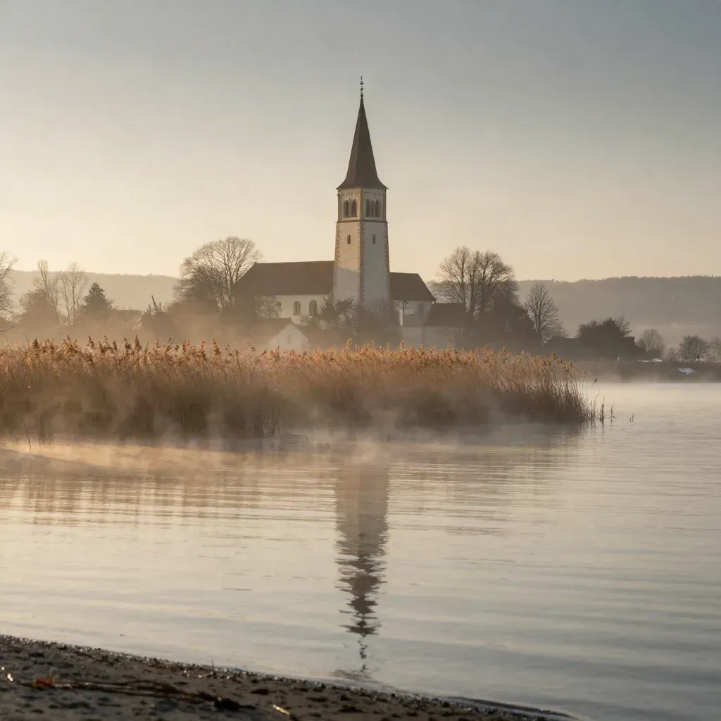 Dießener Ufer am Ammersee mit Kirchturm, Schilf und Morgennebel über ruhigem Wasser.