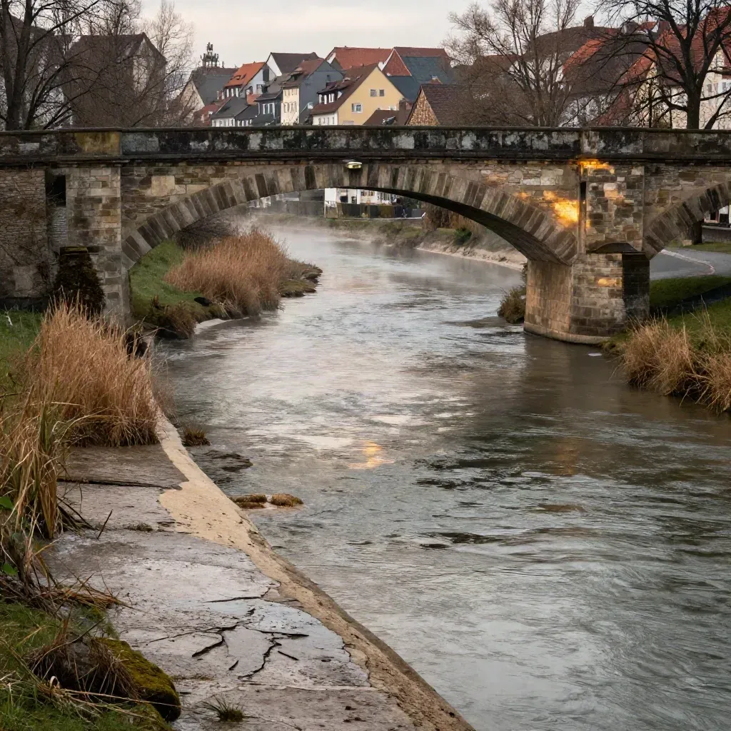 Lechschleife unter Landsbergs Altstadtmauern und Brücke im Regenlicht, mit Nebel über dem Lech