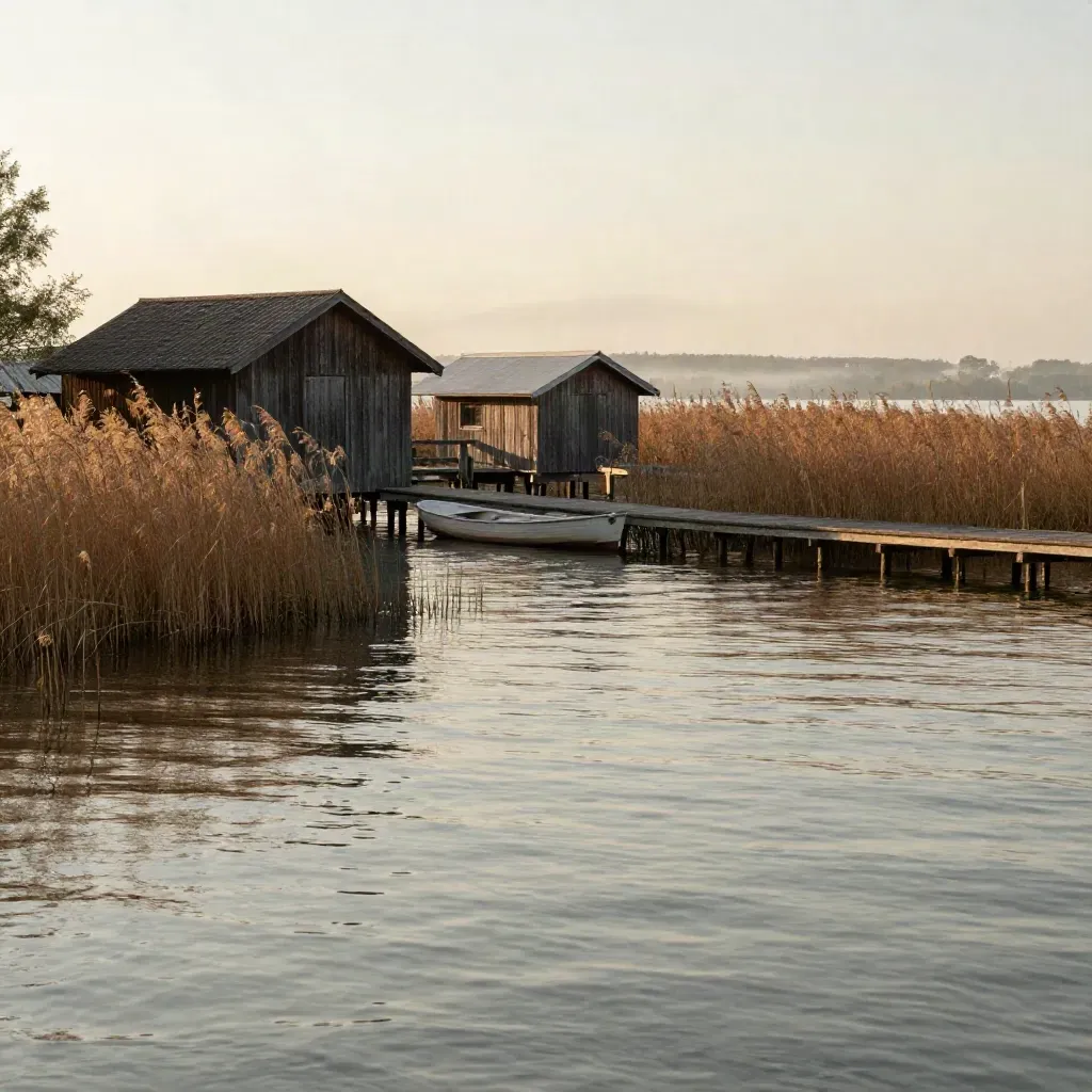 Schilf am Ammersee-Westufer mit Bootshäusern und langem Steg im weichen Sommerlicht
