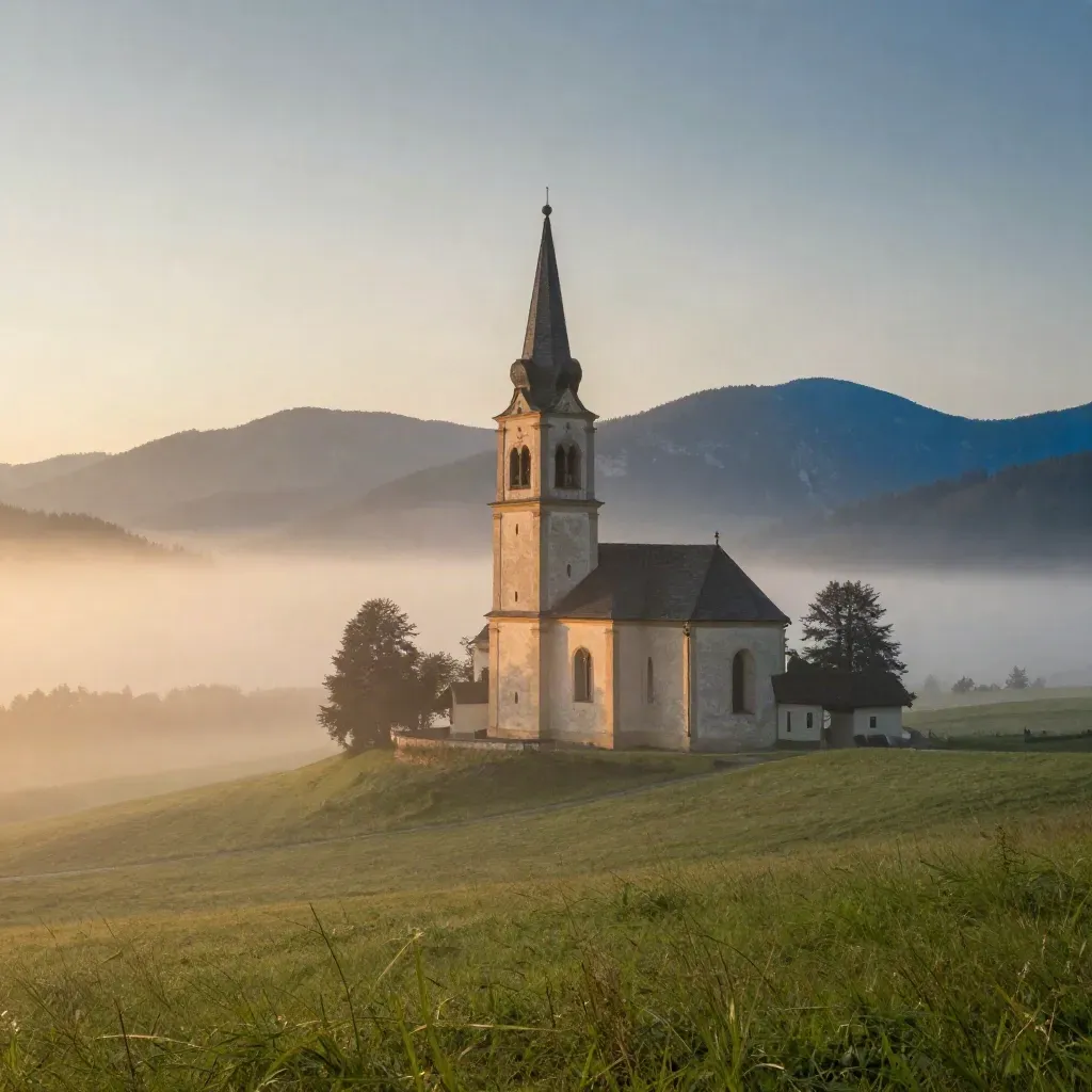 Sanfte Wiesenhänge mit Kirchturmspitze, Talnebel und Alpenkante im Abendgold