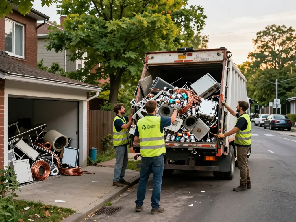 Professionelles Team verwaltet Schrottabholungsdienste, sammelt Metallschrott in städtischer Umgebung und zeigt umweltfreundliche Recyclingbemühungen.
