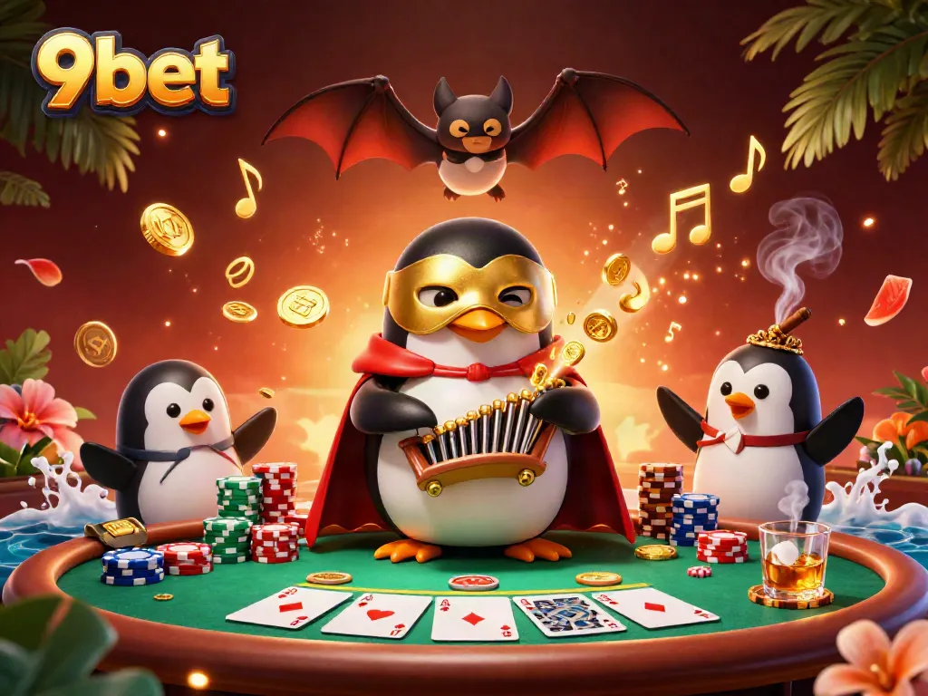 Engage with exciting games at 9bet with a vibrant scene of a phantom penguin and poker action!