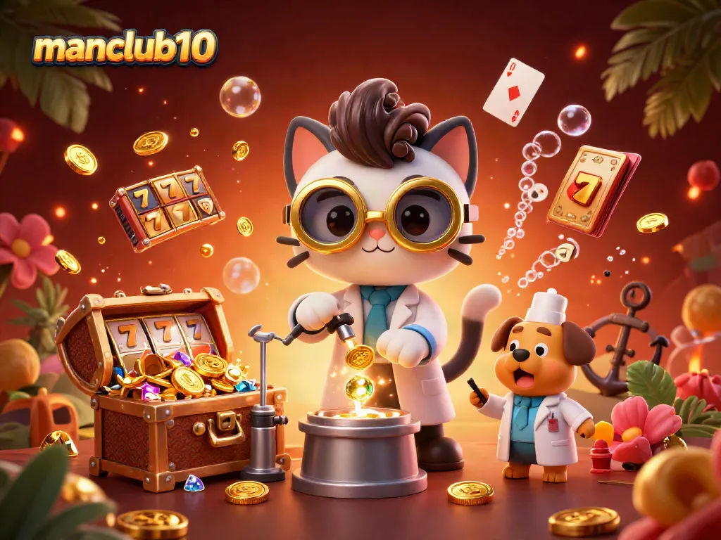 Join the excitement at manclub10 with our playful 3D casino scene filled with gold coins and slot reels!