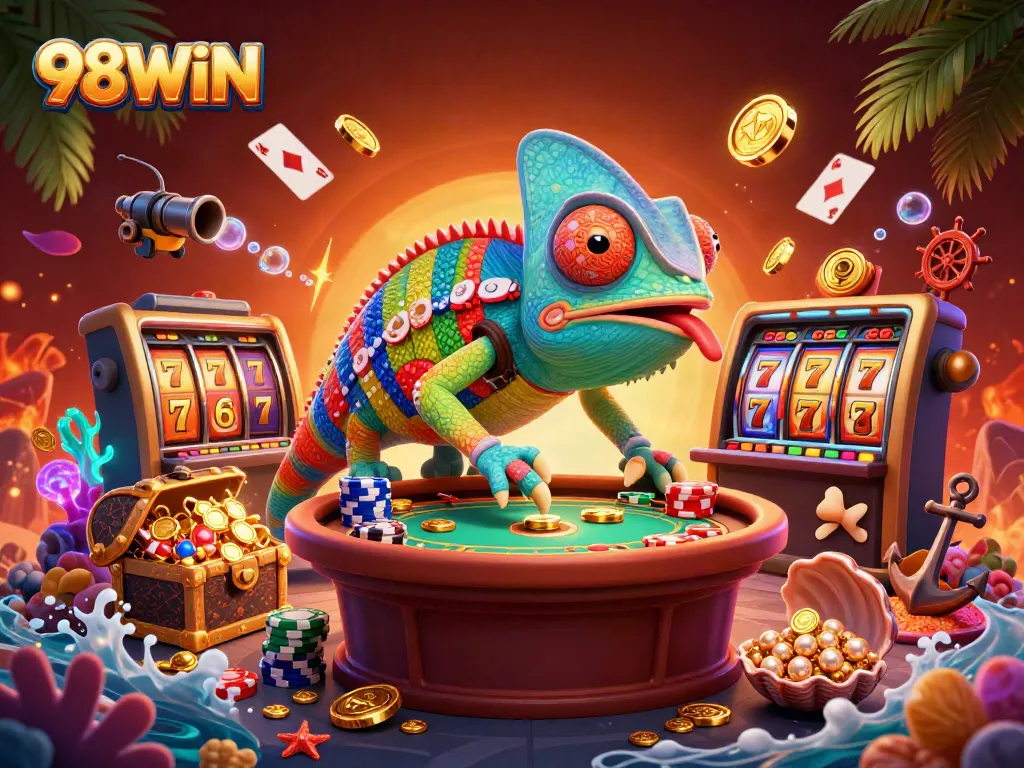 Play exciting games at 98WIN with the vibrant chameleon casino owner in a lively scene