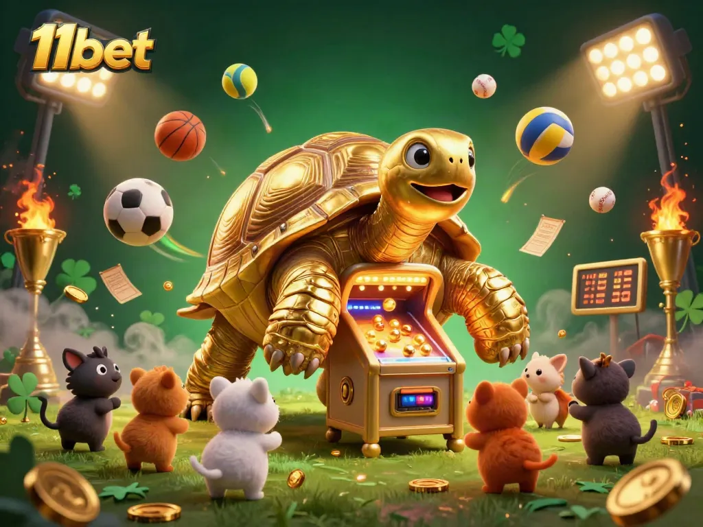 Engage with 11bet's vibrant casino fun featuring a golden tortoise pinball machine surrounded by sports elements.