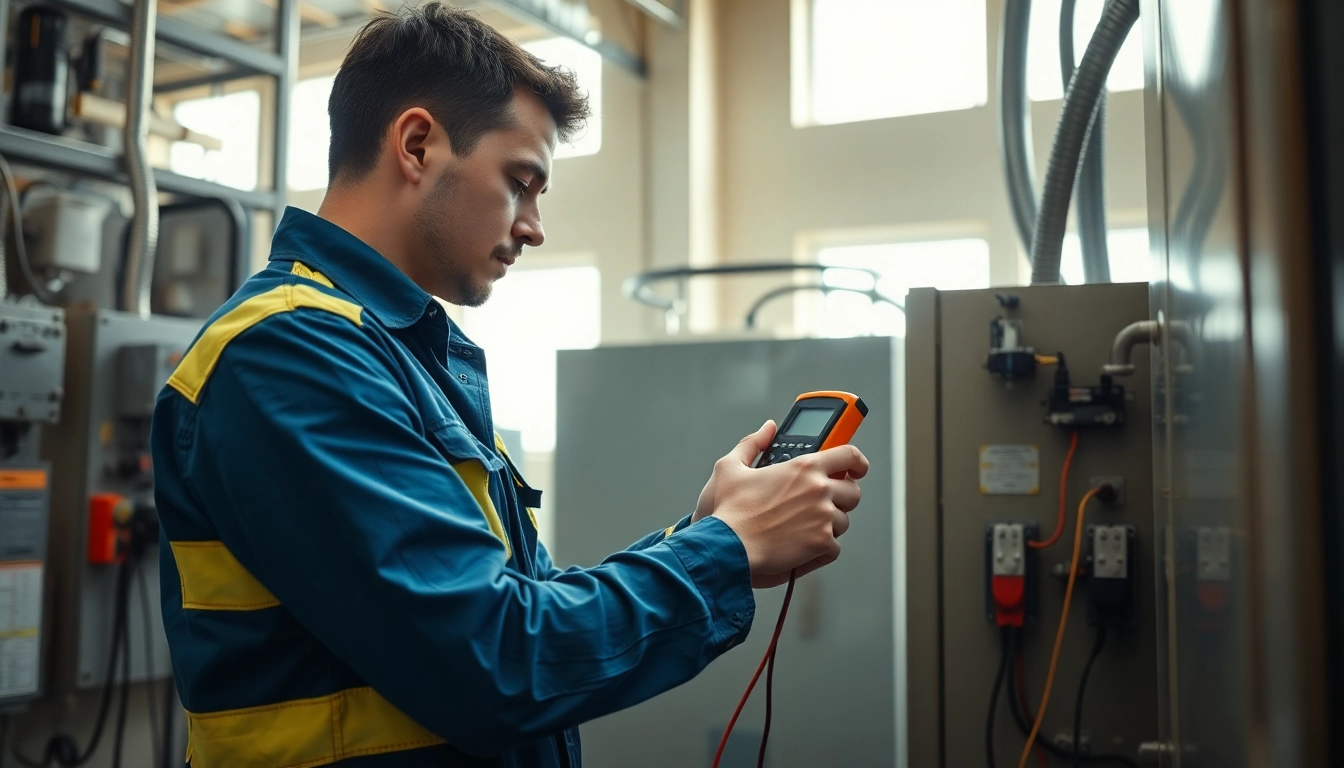 Prüfung ortsfester elektrischer Anlagen durch einen Elektriker in einem gewerblichen Umfeld.