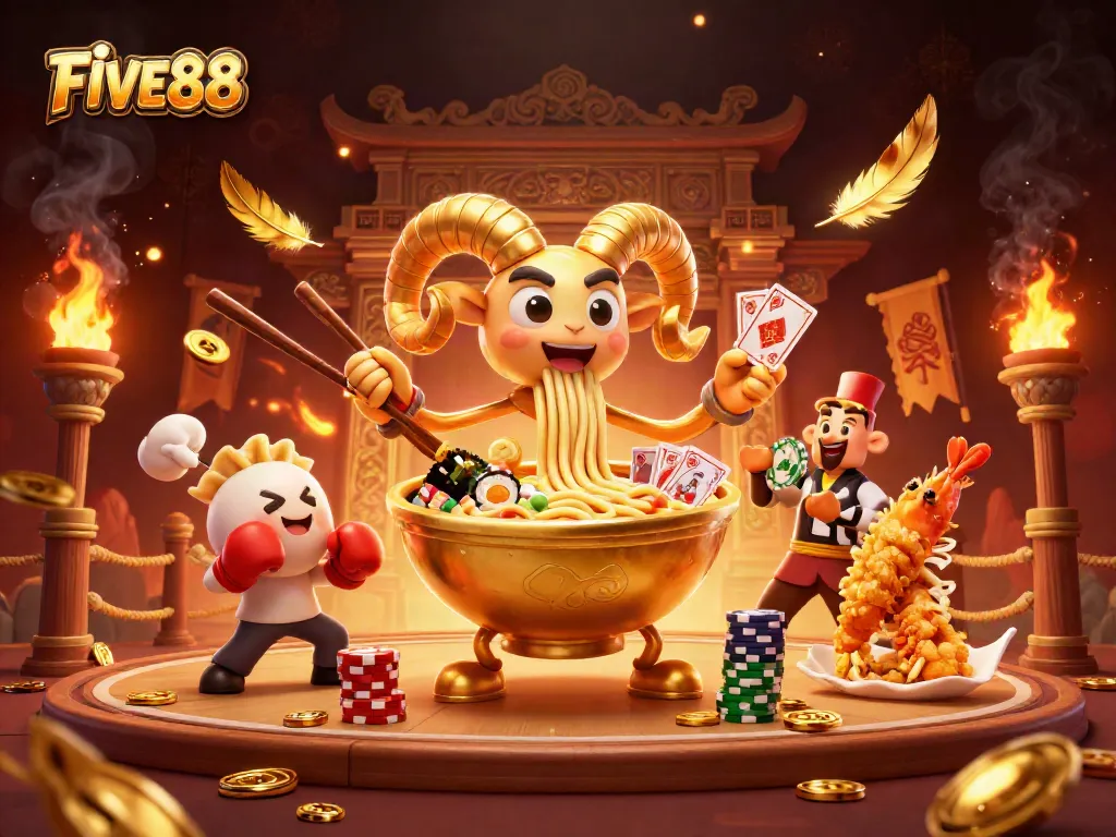 Bet on exciting games with FIVE88 featuring animated casino characters in a vibrant 3D scene.