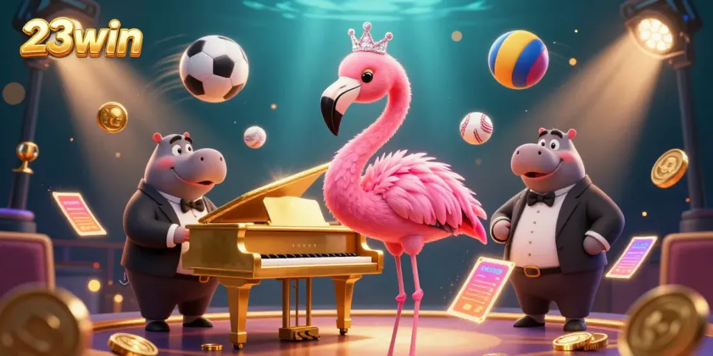 Engage with 23win's dynamic casino scene featuring a flamingo singer, hippo bassist, and lively gaming elements.