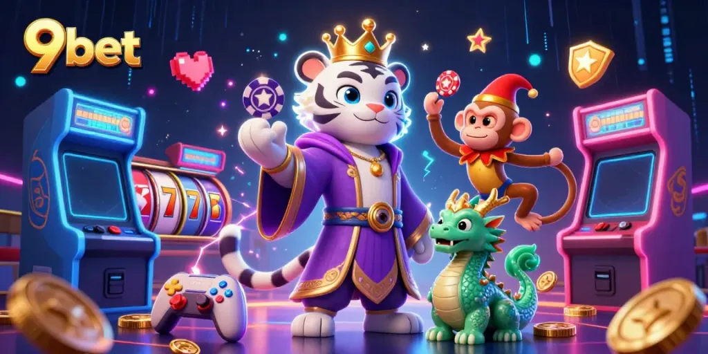 Engage with the thrilling world of 9bet, featuring vibrant characters and exciting gaming elements in a dynamic casino scene.