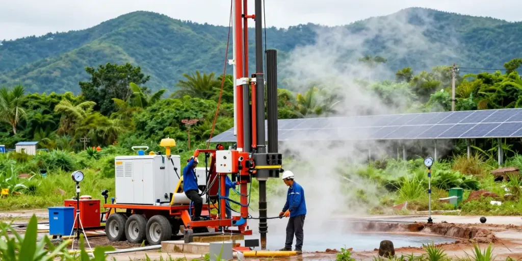 Arbeiter bei Geothermie Kosten Bohrung im Grünen, nachhaltige Energielösungen.
