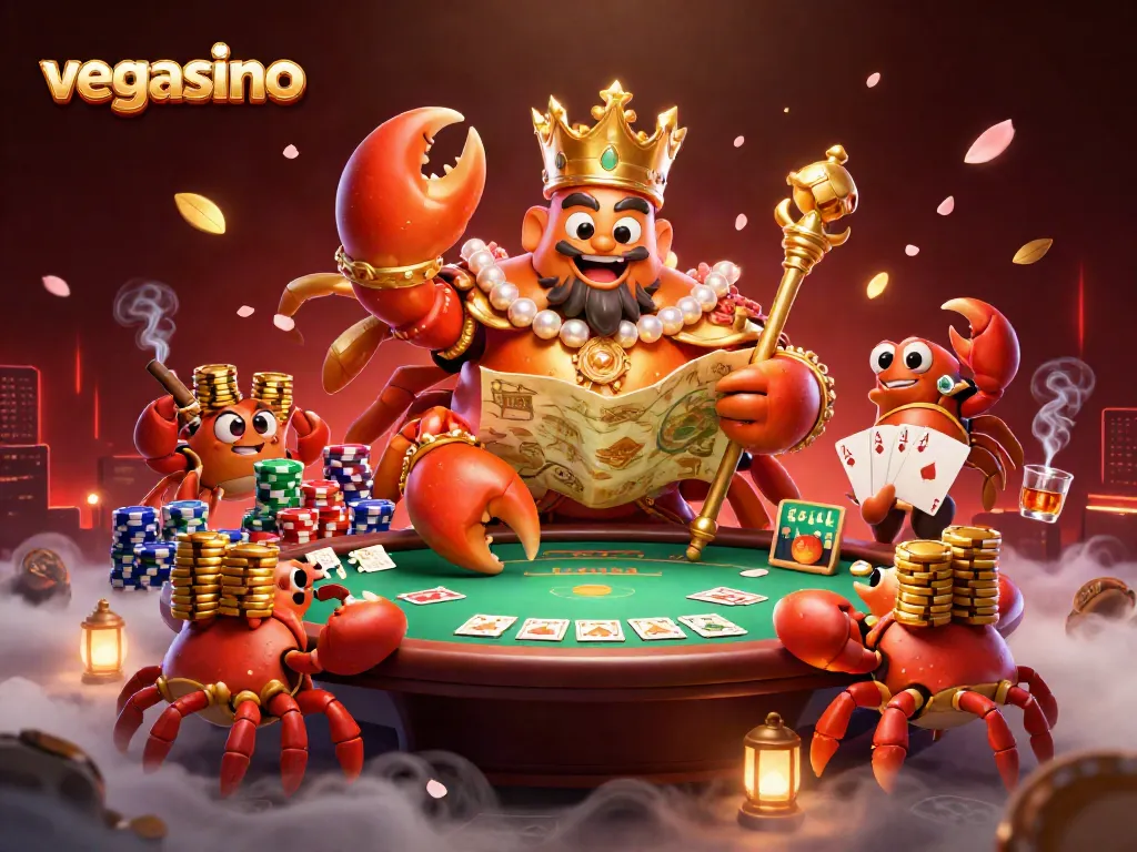 Experience excitement at Vegasino with a golden crab emperor overseeing thrilling casino action and poker tables.