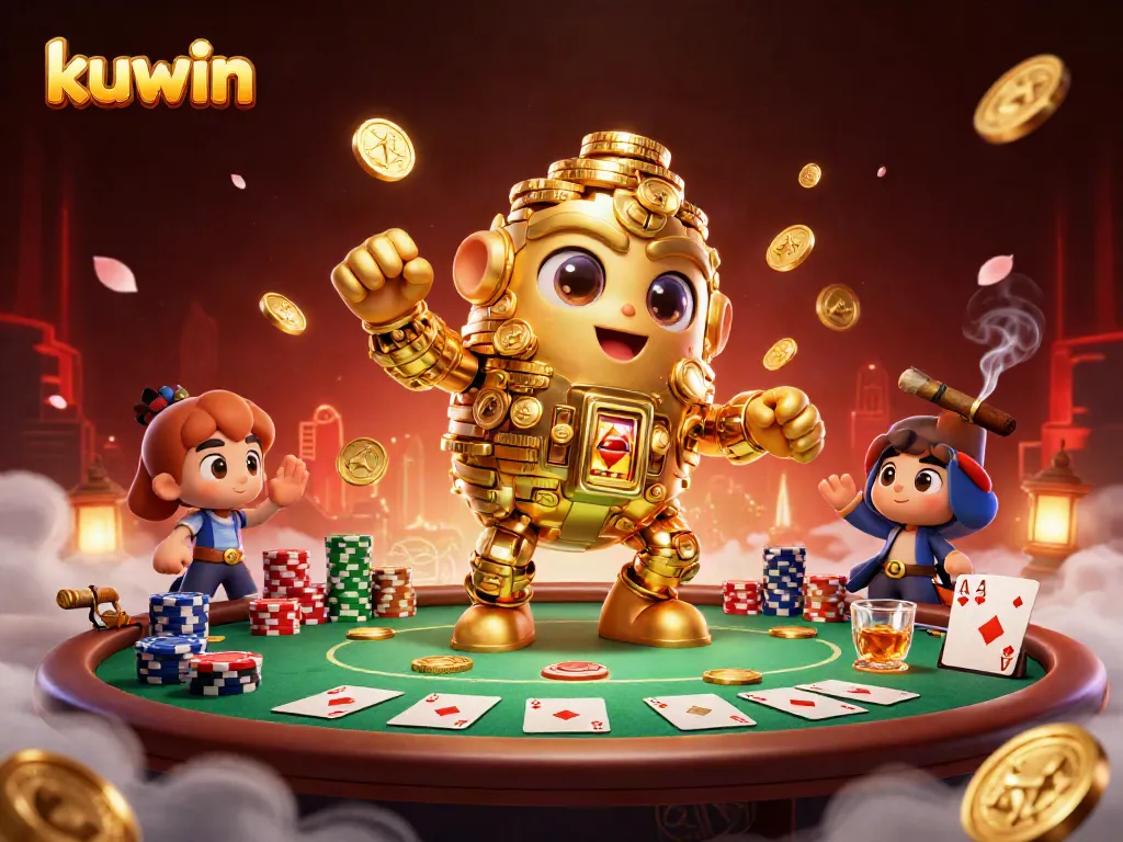 Engage with kuwin’s cartoon scene featuring a golden golem amidst a bustling poker table ambiance.