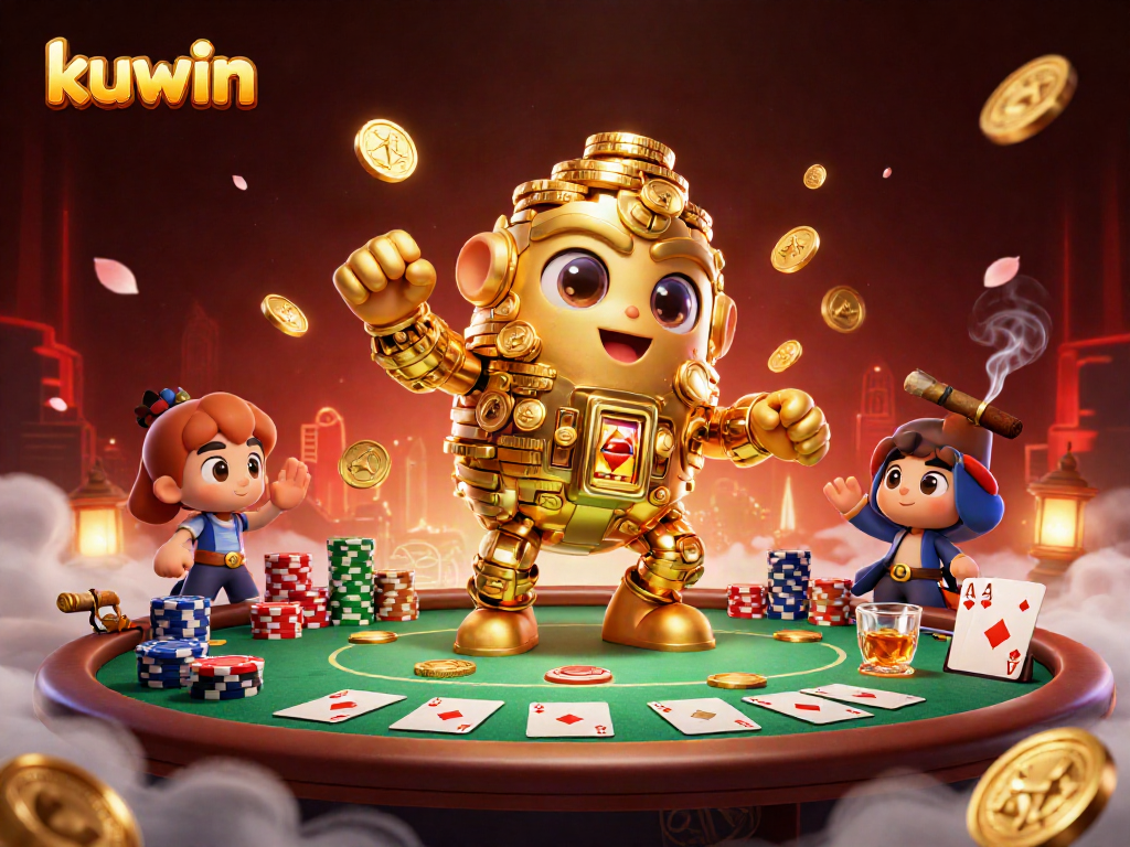 Engage with kuwin’s cartoon scene featuring a golden golem amidst a bustling poker table ambiance.