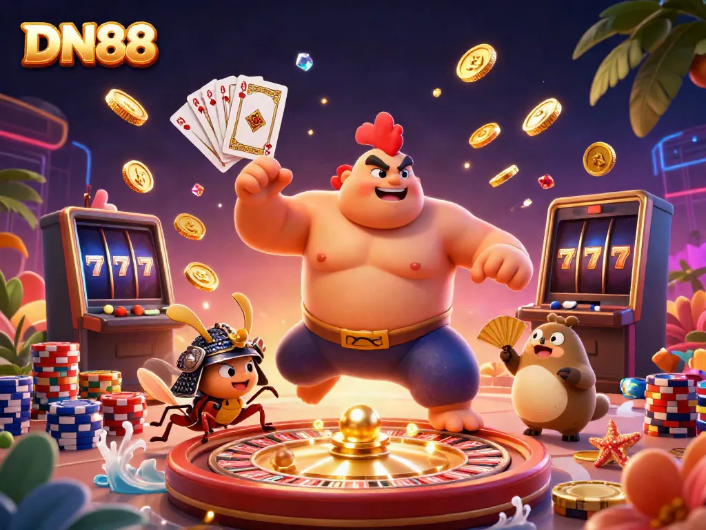 Experience thrilling gameplay at DN88 with a dynamic scene of a sumo wrestler, samurai cricket, and announcing tanuki in an electrifying gambling atmosphere.